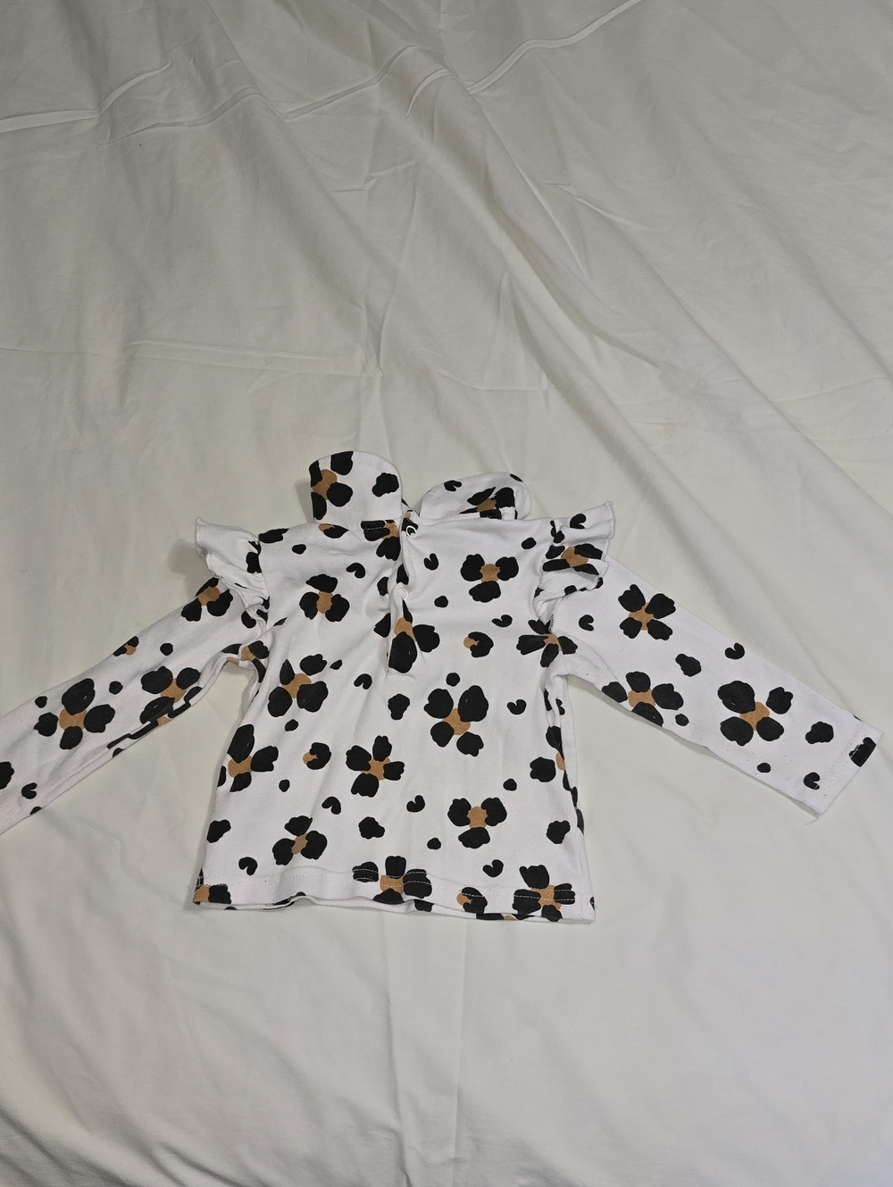 Girls' Long-Sleeve Ruffle Shoulder Leopard Tee - White/Black/Tan